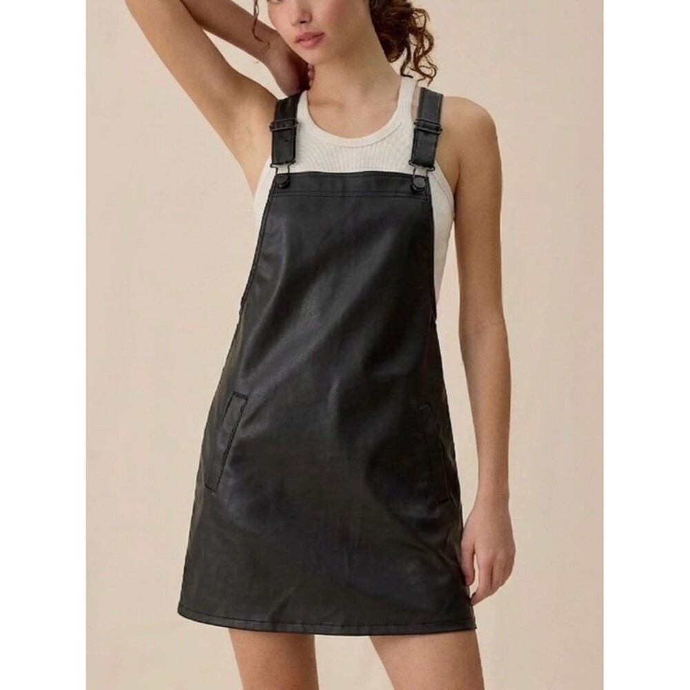 Celebrity Pink Faux Leather Overall Dress Size XS Black A-Line Pinafore Mini Y2K